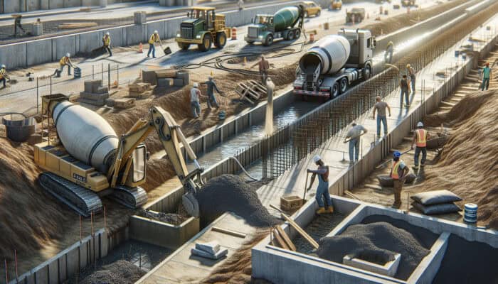 Excavator digging trench, concrete mixer pouring into catch basin, workers using compaction tools on construction site.
