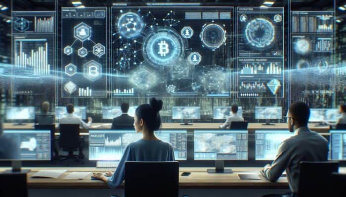 A futuristic digital interface showing blockchain data for video ad metrics transparency, with experts in a modern control room.