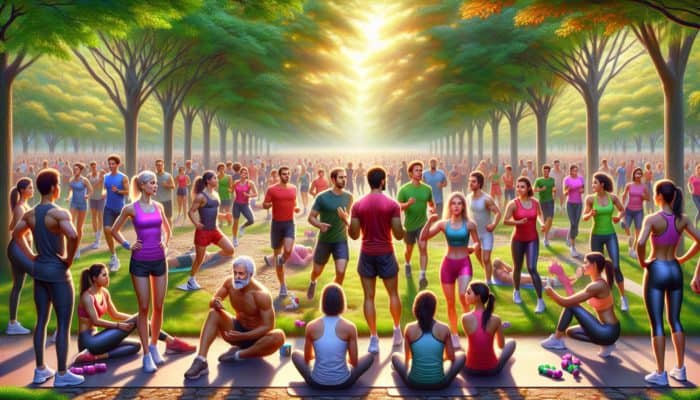 People exercising in a park with fitness experts discussing pre-workout benefits, colorful gear, lush greenery.