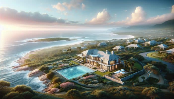 A serene Krugersdorp coastal property with easy access, lush greenery, modern amenities, overlooking calm ocean, near future development.