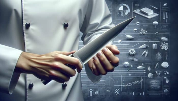 A chef honing a kitchen knife on a steel rod to maintain its sharpness.