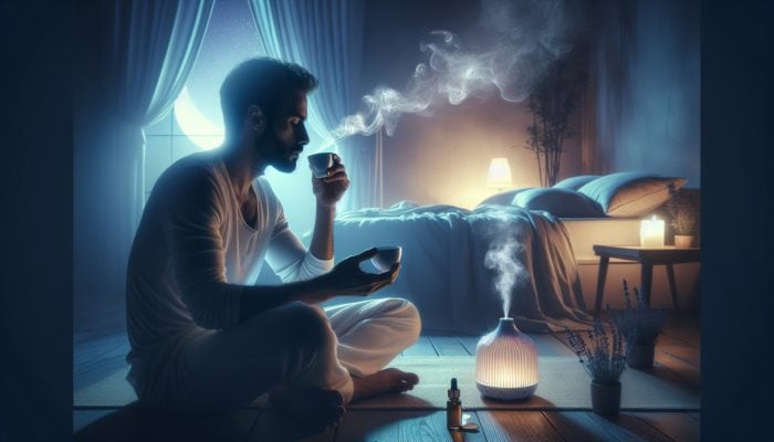 A person in a serene bedroom at twilight, sipping chamomile tea, with lavender mist and applying essential oils.