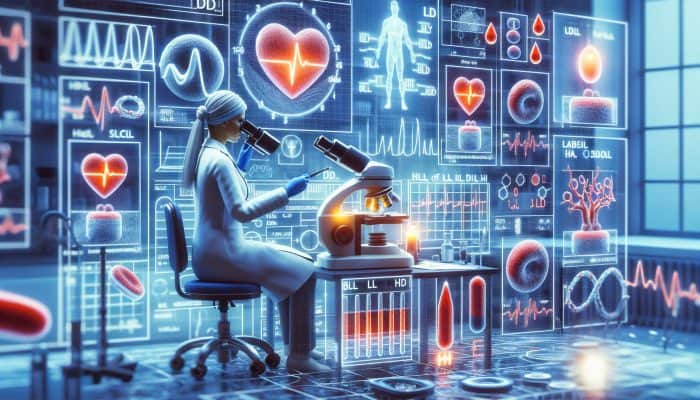 Cholesterol Blood Test in Carlisle: A lab technician analyzing a blood sample under a microscope, with charts showing LDL, HDL, and triglyceride levels.