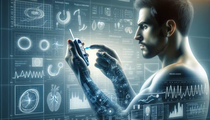 Diabetes Blood Test in Canterbury: A person using a glucose monitor, surrounded by medical charts, emphasizing regular diabetes testing.