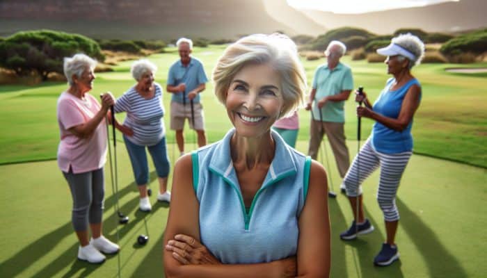 A senior South African golfer smiling in a community fitness class with peers, lush golf course background.