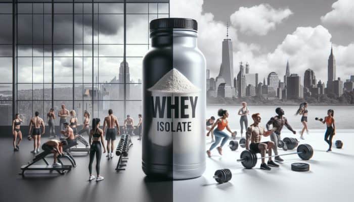 Comparing Whey Isolate Brands: Sleek gym bottle with whey isolate powder, New York and Bali fitness scenes.