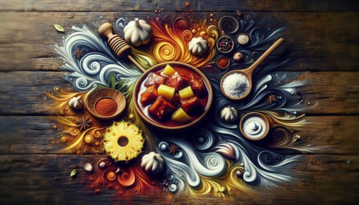 Adobo dish with coconut milk, pineapple, fresh spices, honey, and garlic on a rustic table.