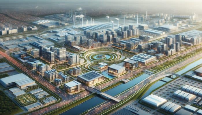 A vibrant Secunda property market featuring modern buildings in proximity to essential amenities and industrial centers, contributing to property value appreciation.