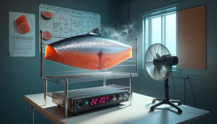 Salmon fillet on a wire rack, drying with a fan in a cool, ventilated room, developing a pellicle for cold smoking.