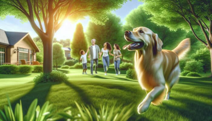 A joyful Golden Retriever playing fetch in a park, enhancing family bonds.