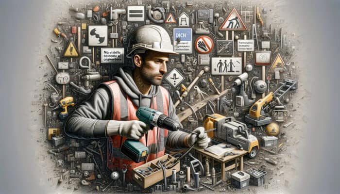 Tool Safety Regulations for House Clearance: UK house clearance worker using power drill and saw, surrounded by safety signs and hazardous material warnings.