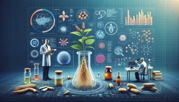 Infographic showing herbs like ginseng and echinacea, with clinical study results and expert analysis in a lab.