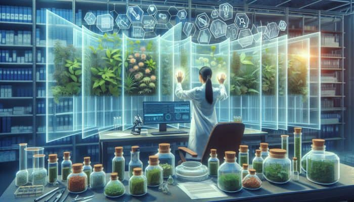 A researcher in a UK lab faces funding and regulatory barriers, surrounded by herbs, showing determination.