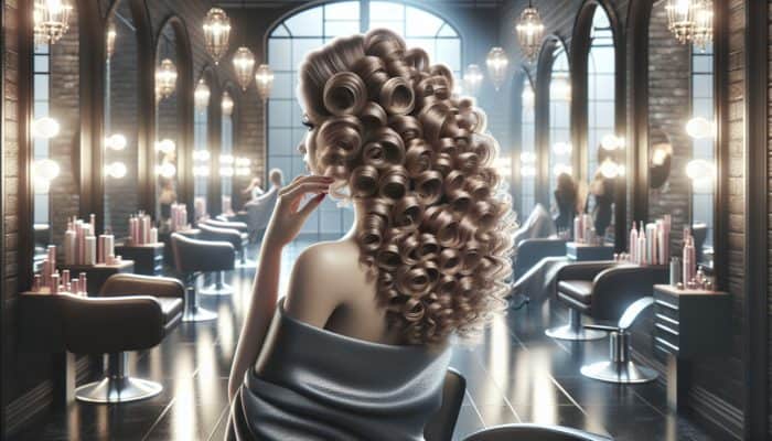 Professional salon setting showcasing elegant engagement ringlet curls styled in soft lighting with mirrors.