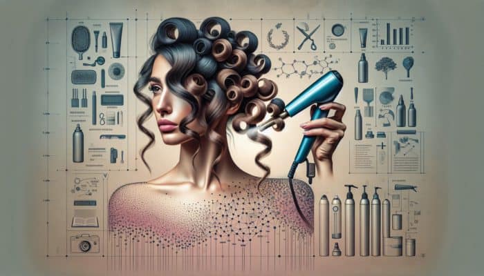 Woman demonstrating proper techniques for achieving perfect ringlet curls using a medium-sized curling iron while applying heat protectant.