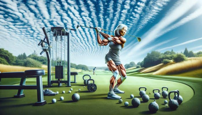 A senior golfer swinging a club on a green course, surrounded by strength training equipment.