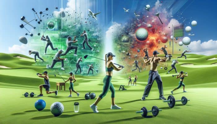 Golfer using dumbbells and resistance bands for strength training on a green course under blue sky.