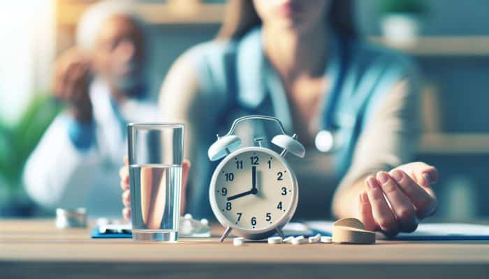 Person fasting for cholesterol test, with water, clock showing 9-12 hours, and blurred healthcare provider.