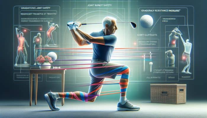 An elderly golfer using colorful resistance bands at home for strength training, focusing on joint safety.