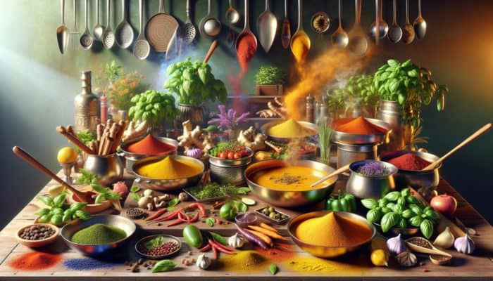 A colorful kitchen scene with spices and herbs enhancing various dishes, showcasing culinary techniques.