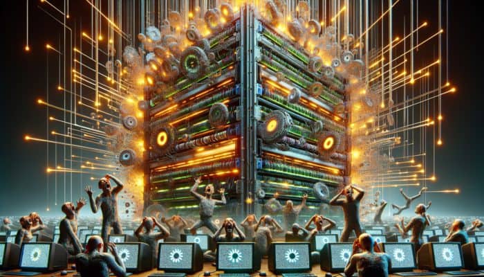 A server overwhelmed with outdated data, frustrated users seeing old information, emphasizing the need for fresh caching.