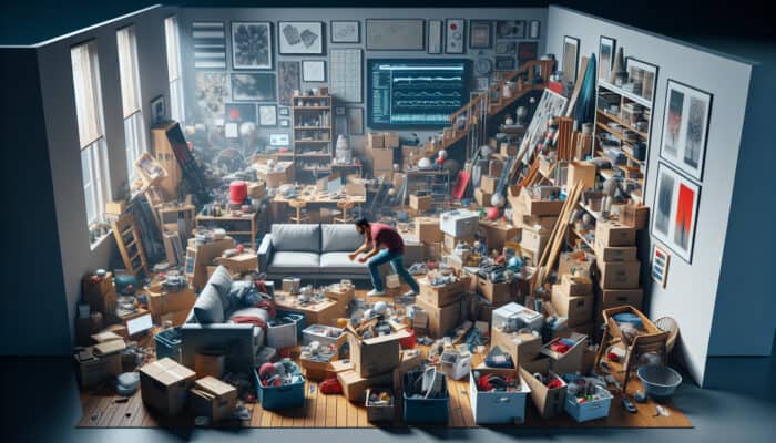 A person sorting through cluttered items in a living room for house clearance.