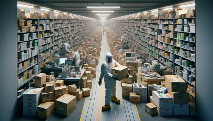 Person in protective gear lifting box safely in cluttered room with clear pathways and labeled hazardous materials.