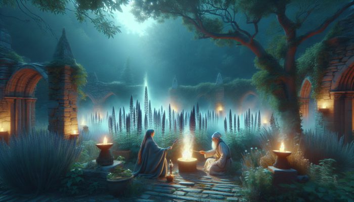 How Sage Uplifts Spirits: A mystical British garden at dusk with glowing sage plants, ancient rituals, and folk healers.
