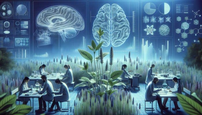 Scientists in a serene lab study sage plants, with charts and brain scans showing mood enhancement in calming colors.