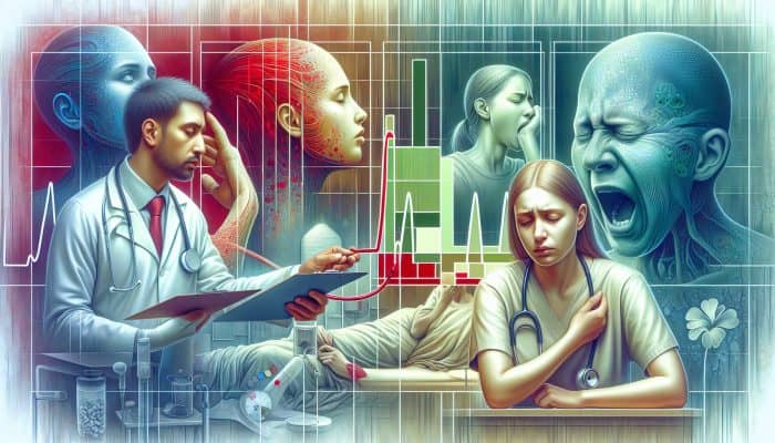 A medical chart showing ferritin test results with normal ranges and symptoms, doctor discussing with patient.