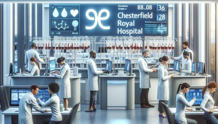 Modern hospital lab at Chesterfield Royal Hospital with technicians analyzing kidney blood tests, patients using online booking at reception.