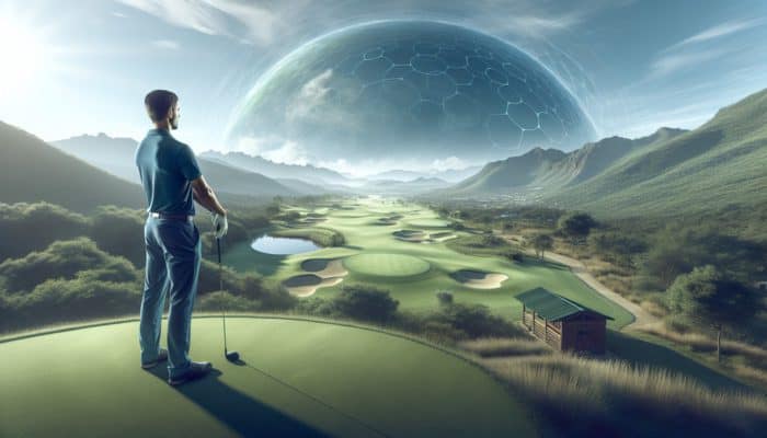 A golfer on a lush South African course with stunning vistas, amenities, and clear skies.