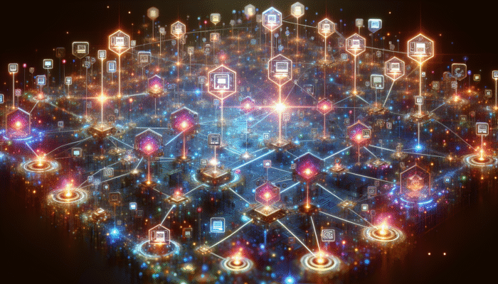 A digital network of glowing nodes, representing websites, driving targeted visitors to a central site, boosting visibility and engagement.