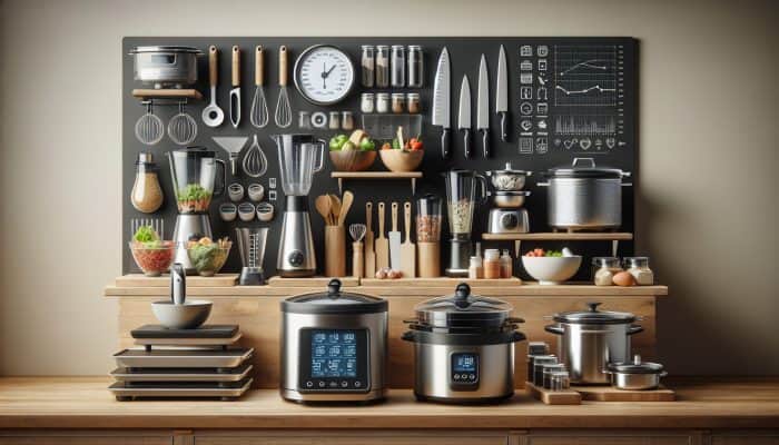 Weekly Meal Prep for Beginners: A modern kitchen counter with a food processor, slow cooker, weighing scales, sharp knives, chopping boards, meal prep containers, blender, and crockpot neatly arranged.