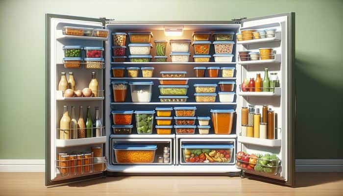 A kitchen scene with labeled containers of batch-cooked meals like curries and casseroles in a refrigerator, showcasing efficient meal prep.
