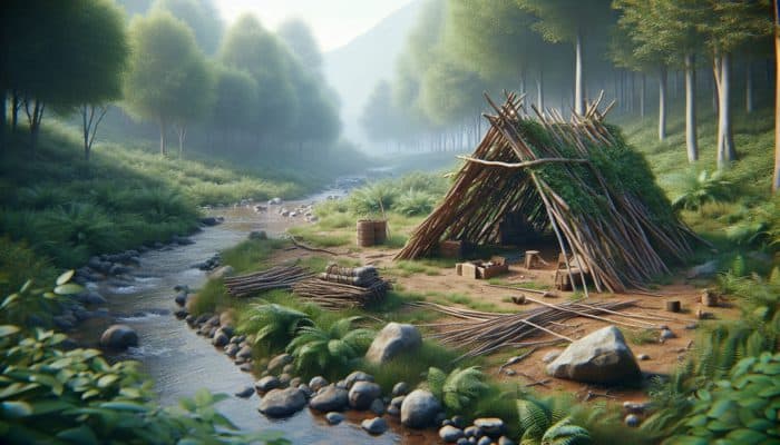 A primitive shelter in construction using natural materials in a forest clearing, near a stream.