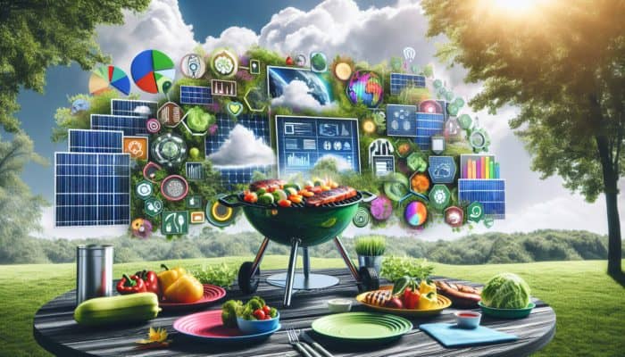 A vibrant BBQ scene with solar grills, reusable plates, and lush greenery, symbolizing reduced carbon footprint.