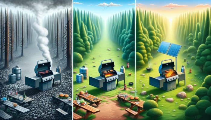 A comparative scene of three BBQ grills: smoking charcoal grill on deforested land, cleaner propane grill, and eco-friendly electric grill with solar panels in lush greenery.