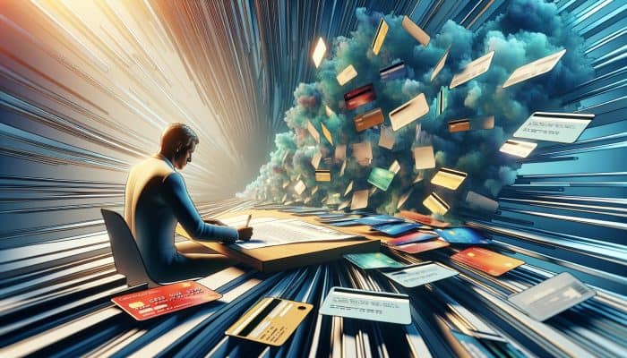 Debt Consolidation Loan Refinancing Strategies: UK Guide | DCL A person signing documents at a desk with multiple credit cards and loan papers, leading to a single loan document.