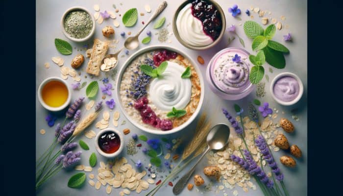 A vibrant breakfast scene with mint jam in oatmeal and lavender jam on Greek yogurt, surrounded by fresh herbs.