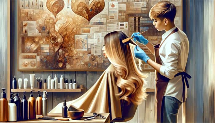 A stylist applying balayage with golden blonde and soft caramel tones on a client with warm skin undertones.