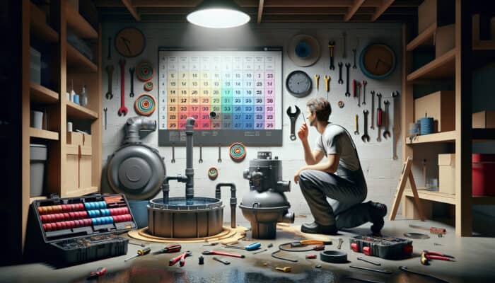 A technician inspecting a sump pump in a basement, with tools and a checklist, and a calendar showing annual reminders.