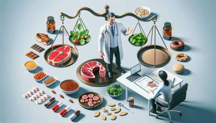 Illustration of ferritin test results chart with normal, low, high levels, supplements, foods, and doctor-patient discussion.