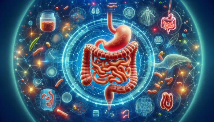 Illustration of collagen digestion into amino acids in stomach and intestine, showing gut health and slight bloating.
