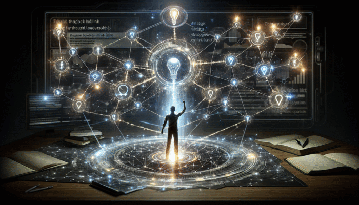 A person creating a glowing network of backlinks from thought leadership content in a futuristic digital workspace.