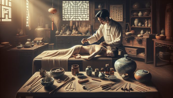 A serene acupuncture session for chronic pain, with traditional Chinese medicine elements and warm lighting.