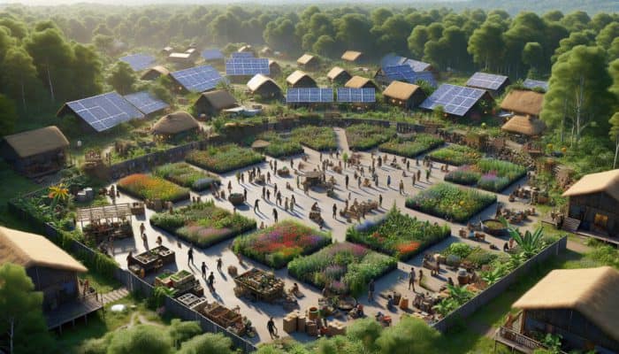 A vibrant prepper community exchanging knowledge and supplies in a lush, fortified settlement with solar panels and gardens.
