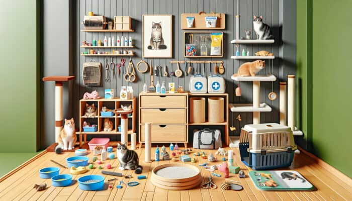 A cozy room with essential cat supplies including food, water, litter box, toys, and grooming tools.