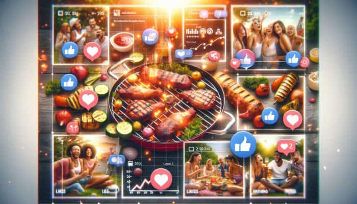A social media interface showing BBQ photos with engagement metrics, set at a summer BBQ party.