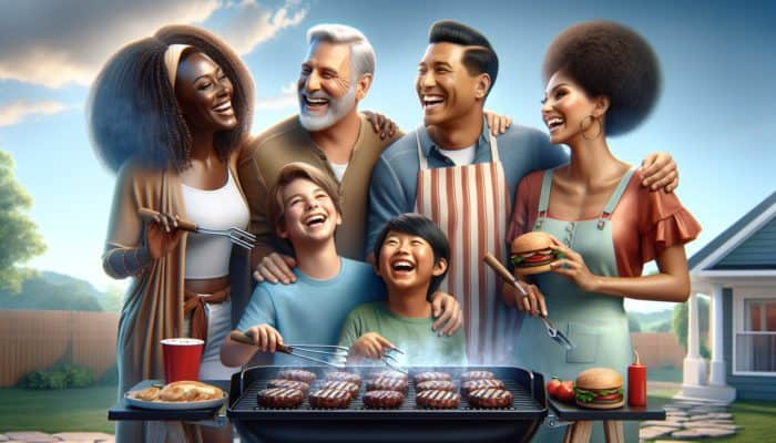 A family enjoying a BBQ, laughing around a grill with sizzling burgers, embodying joy and tradition.